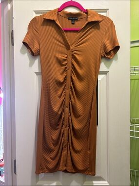 Button-Front Collared Ribbed Dress in Burnt Orange